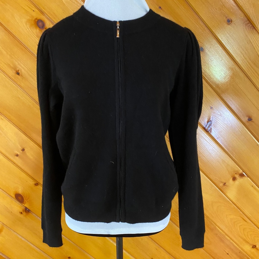 Charter Club Luxury 100% Cashmere Zip Front Puff Shoulder Cardigan Black Large